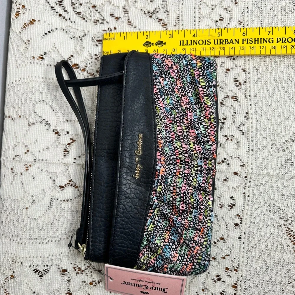 NWT Juicy Couture Wristlet Clutch Colorful Tweed Black Leather‎